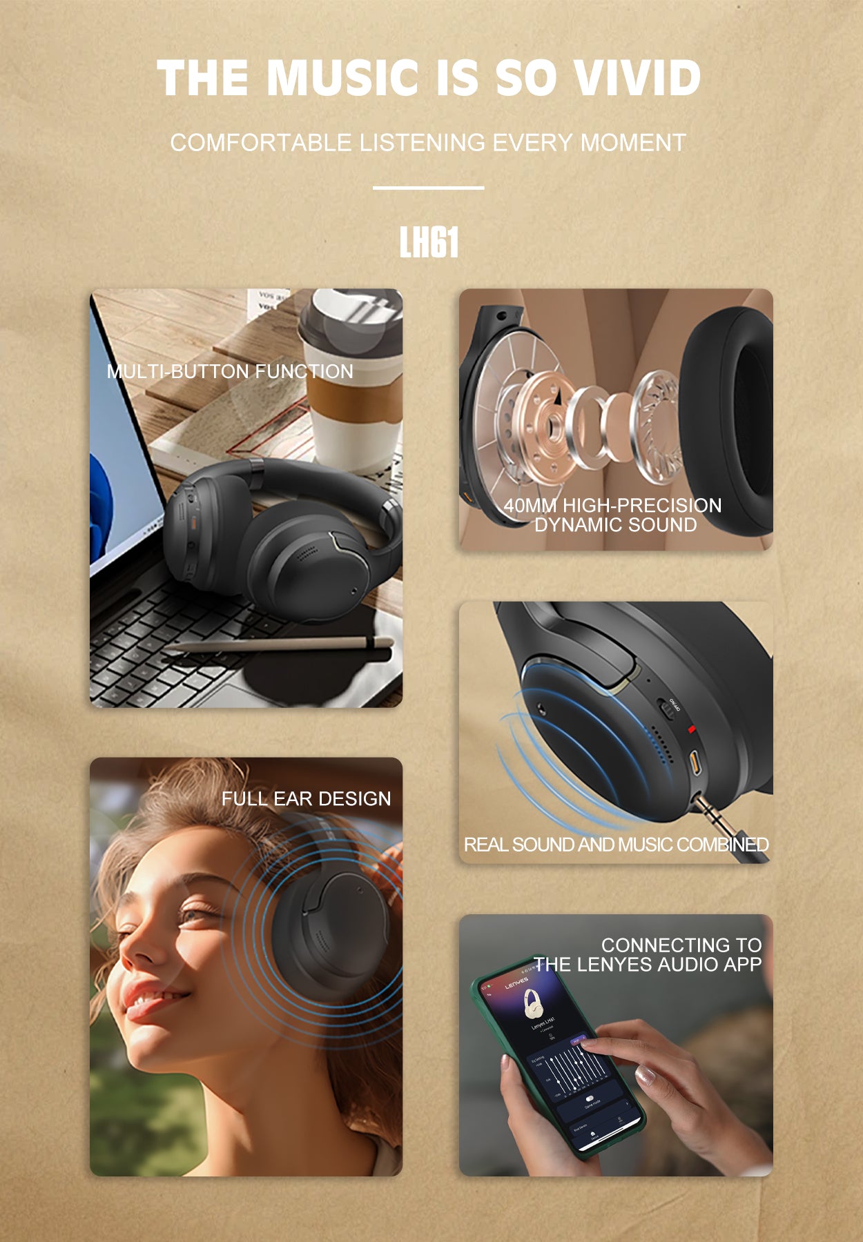 Lenyes Bluetooth 5.3 HiFi 30H Wireless Headphones LH61