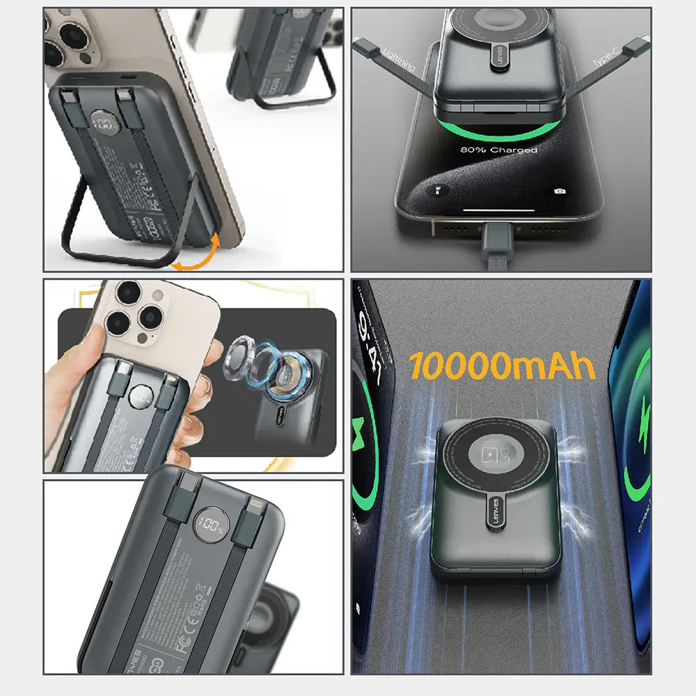 Lenyes 10000mAh 27W Dual Built-In Cable 15W Magnetic Wireless Power Bank PW1006D