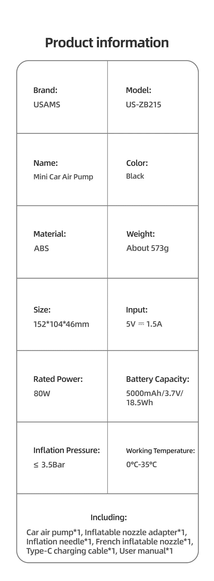 USAMS Mini Car Air Pump 5000Mah US-ZB215