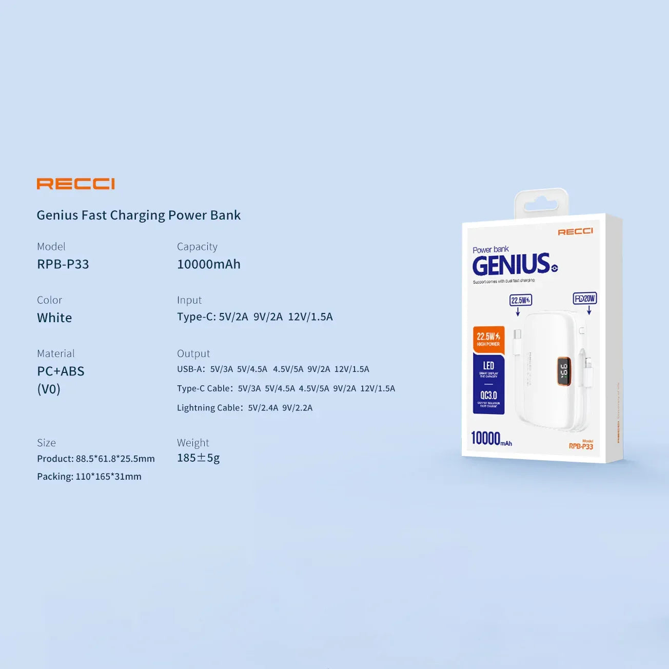 Recci Genius 10000 mAh Fast Charging Power Bank RPB-P33 - Three