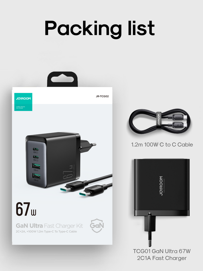 Joyroom GaN Ultra 67W Fast Charger+Type C to Type C Cable JR-TCG02