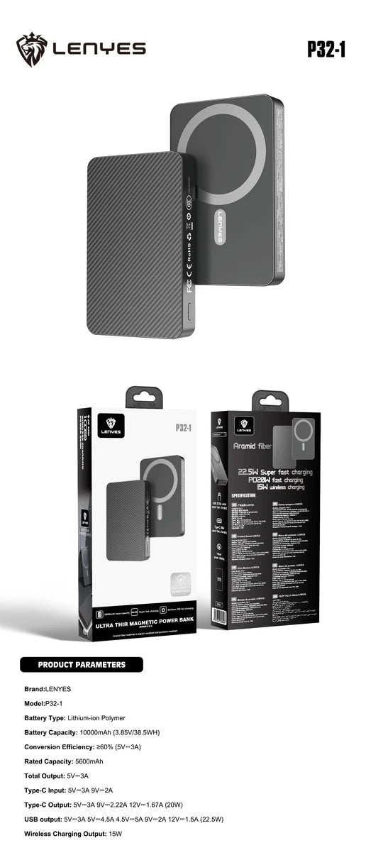 Lenyes 5000mAh 20W PD 15W MagSafe Aramid Fiber Power Bank P32