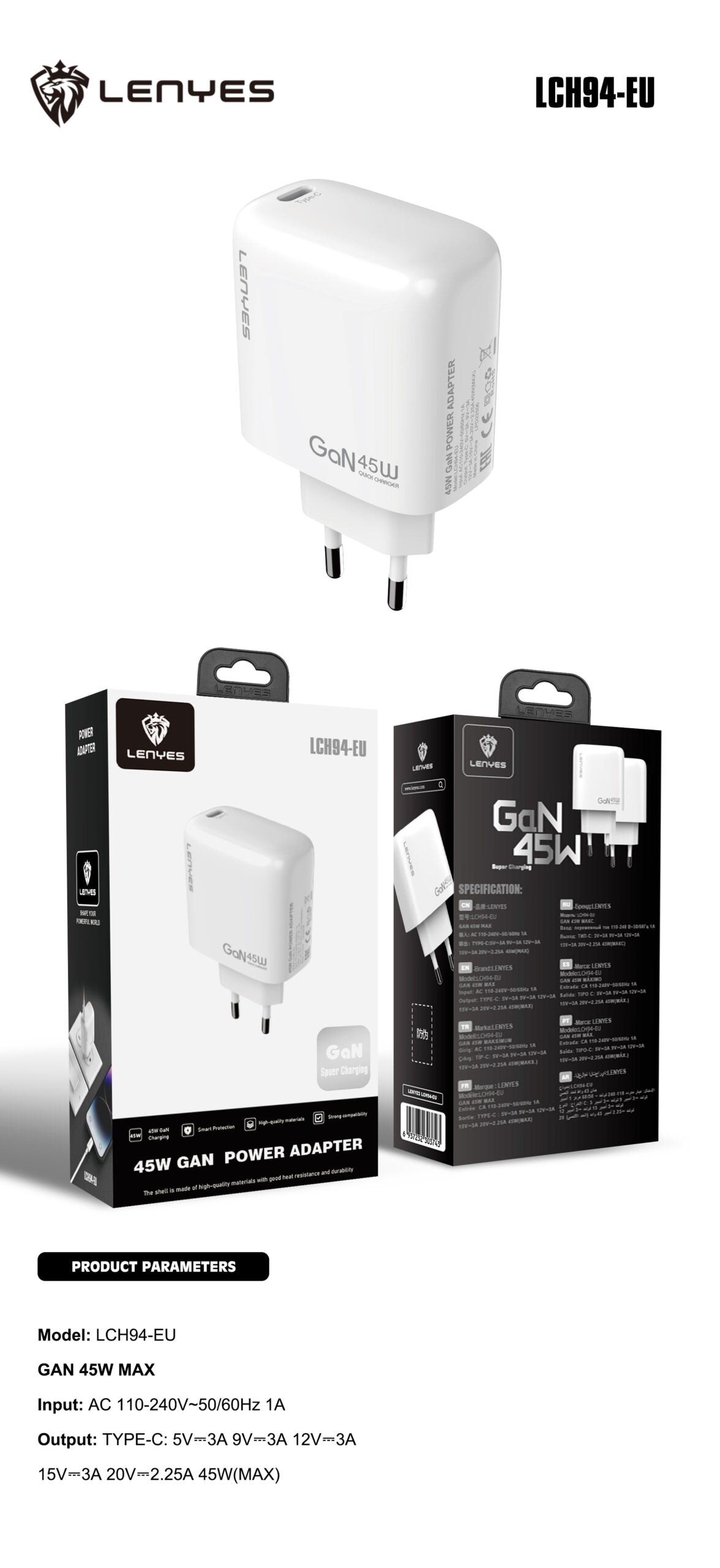 Lenyes 45W Type-C PD Wall Charger LCH94-EU