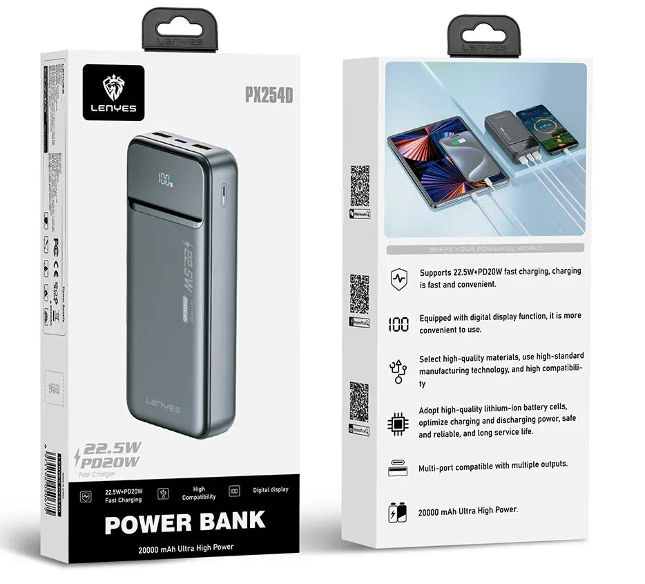Lenyes 20000mAh 22.5W PD QC Digital Display Power Bank PX254D
