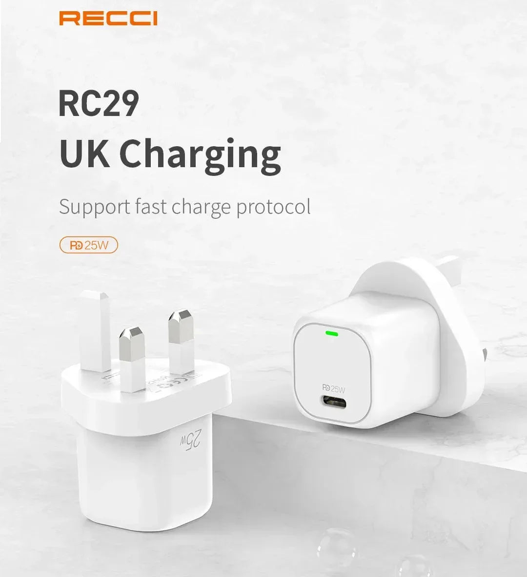 Recci GaN 25W wall charger 3 pin standard RC29 - Three