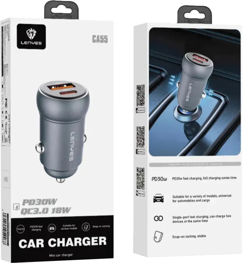 Lenyes 30W PD Type-C USB Dual-Port Mini Car Charger CA55