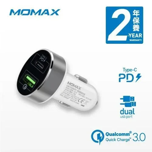 Momax Dual-Port USB with Type–C PD Fast Car Charger 38w UC10D - Three
