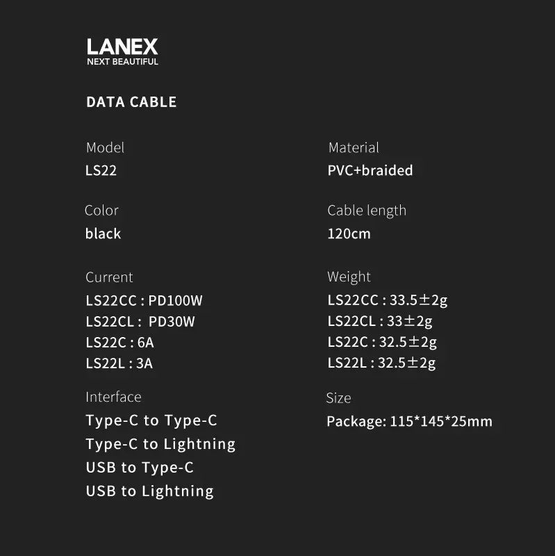 LANEX Type-C To Lightning Data Cable 1.2M LS22CL - Three