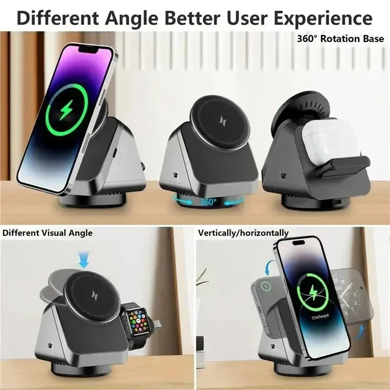 360° Rotating 3 in 1 Magnetic Wireless Charger Stand - Three