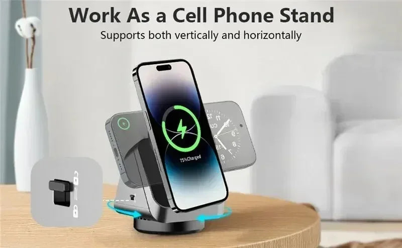 360° Rotating 3 in 1 Magnetic Wireless Charger Stand - Three