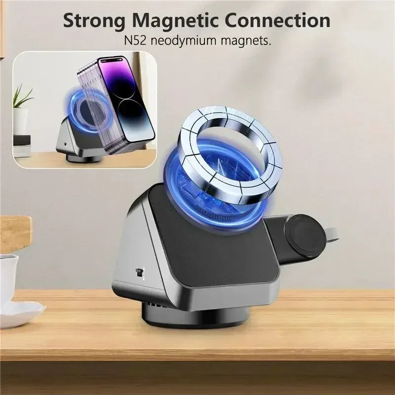 360° Rotating 3 in 1 Magnetic Wireless Charger Stand - Three