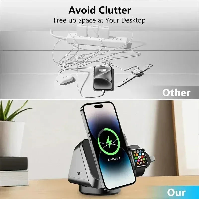 360° Rotating 3 in 1 Magnetic Wireless Charger Stand - Three