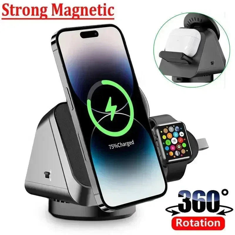 360° Rotating 3 in 1 Magnetic Wireless Charger Stand - Three