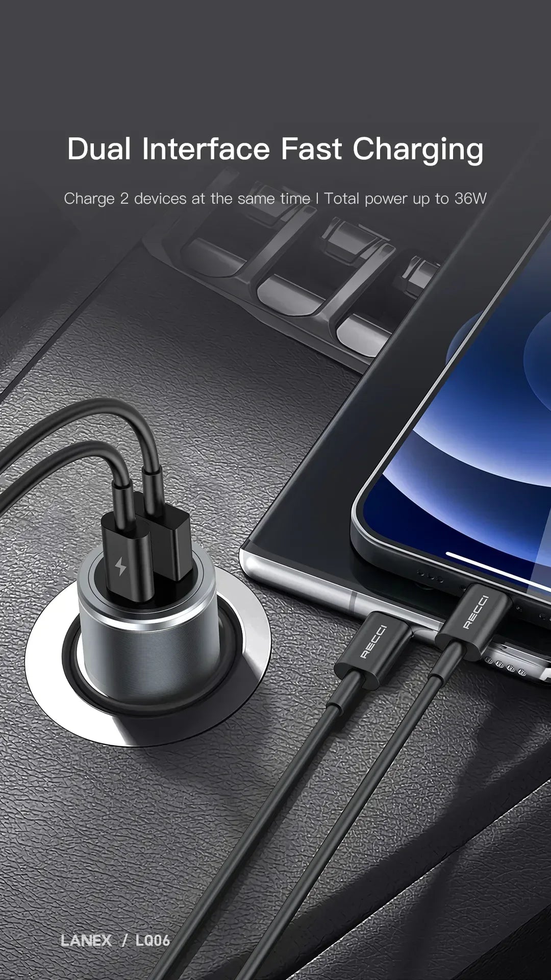 Lanex Car Charger 22.5+36W Fast Charger LQ06 - Three