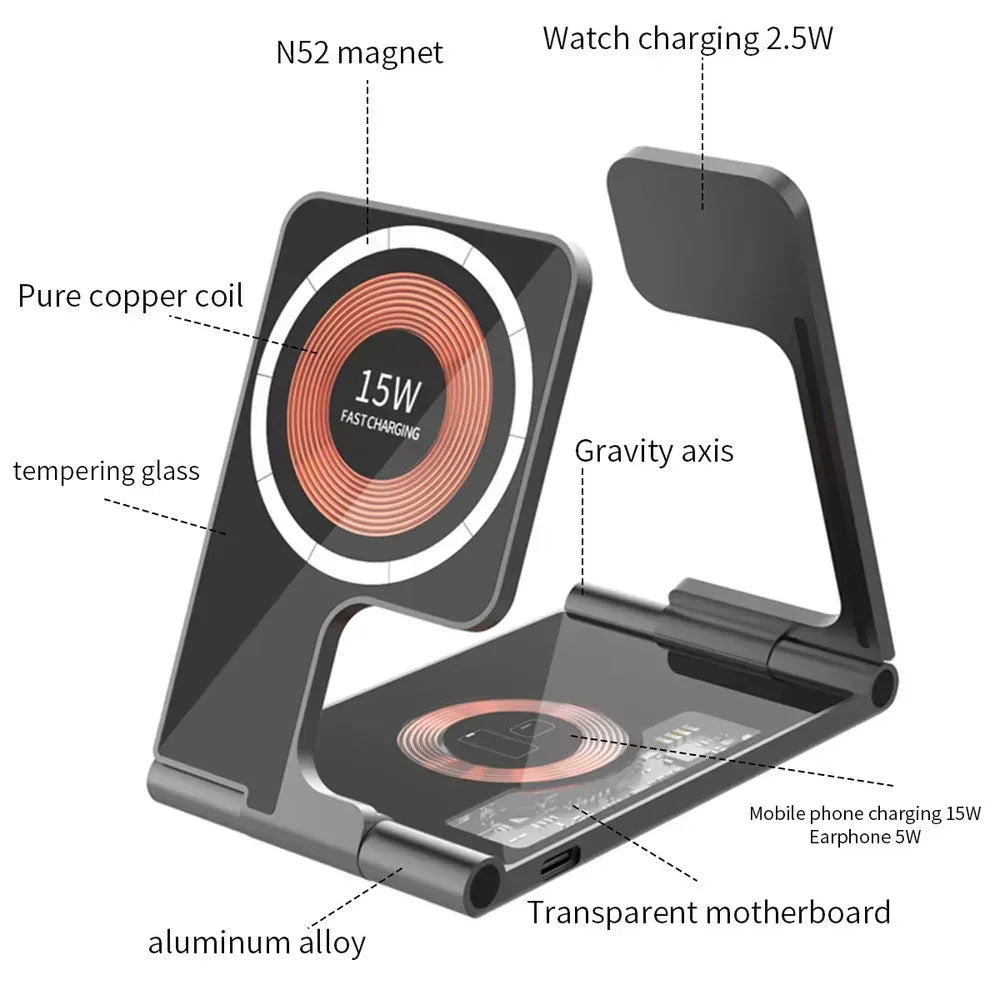 4 in 1 Folding Magnetic Wireless Charging Station Dual 15W - Three