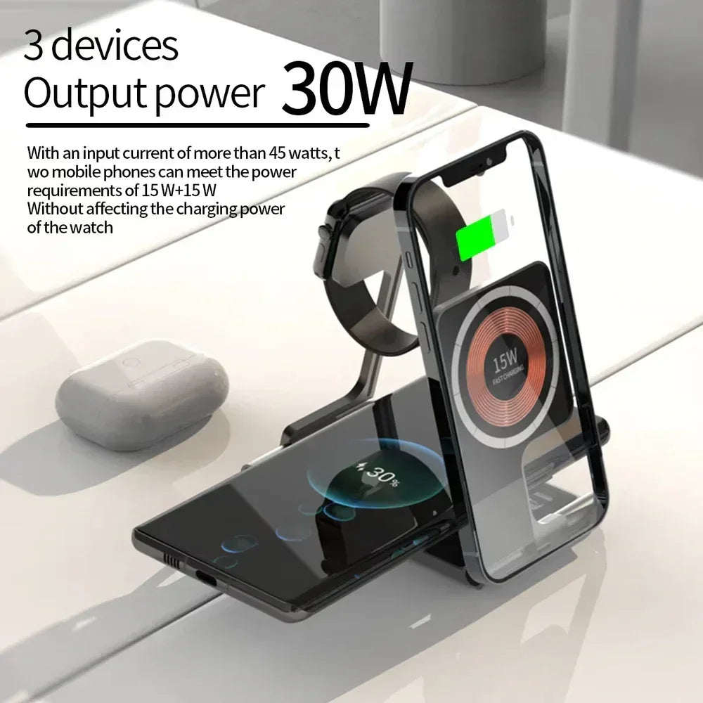 4 in 1 Folding Magnetic Wireless Charging Station Dual 15W - Three