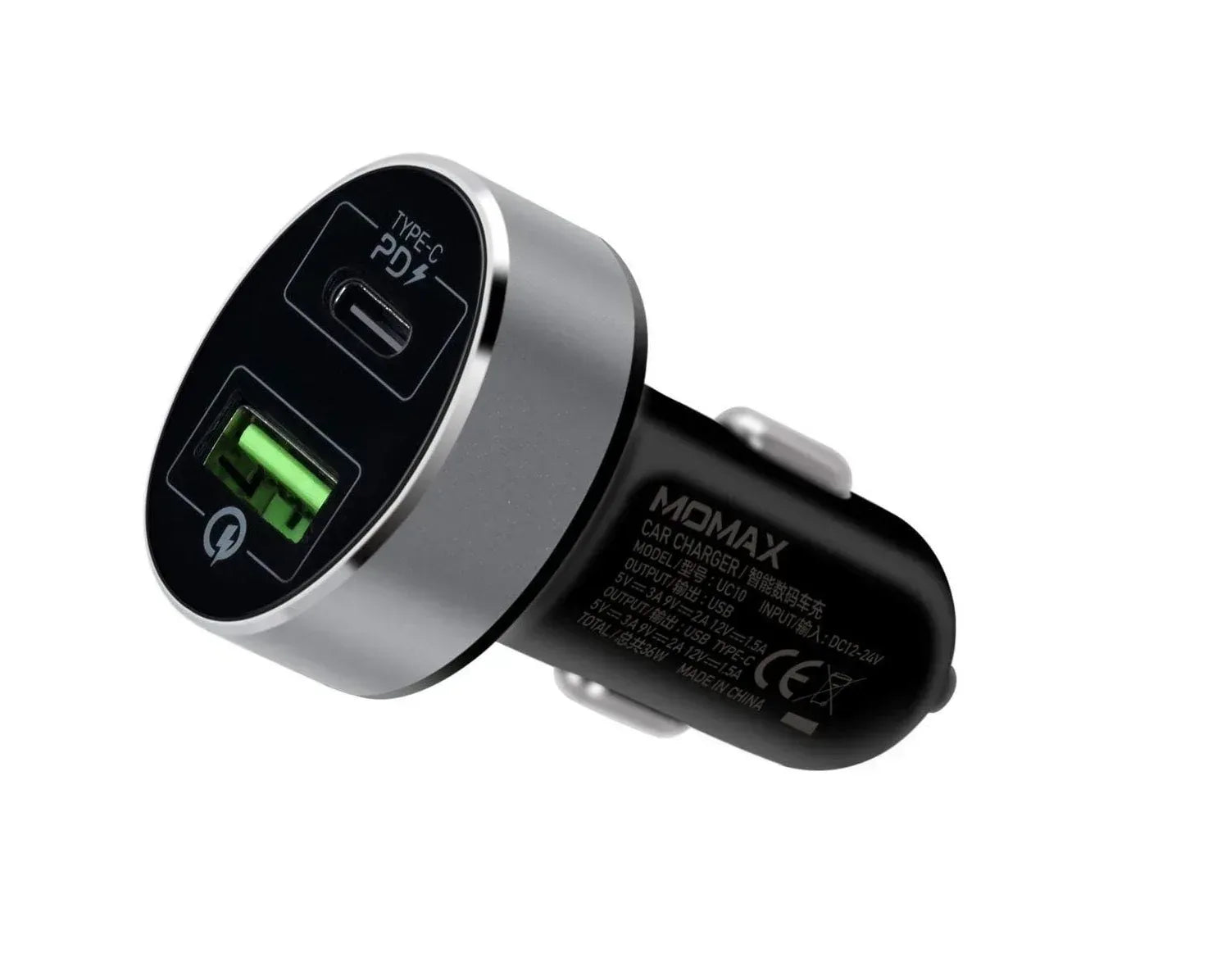 Momax Dual-Port USB with Type–C PD Fast Car Charger 38w UC10D - Three