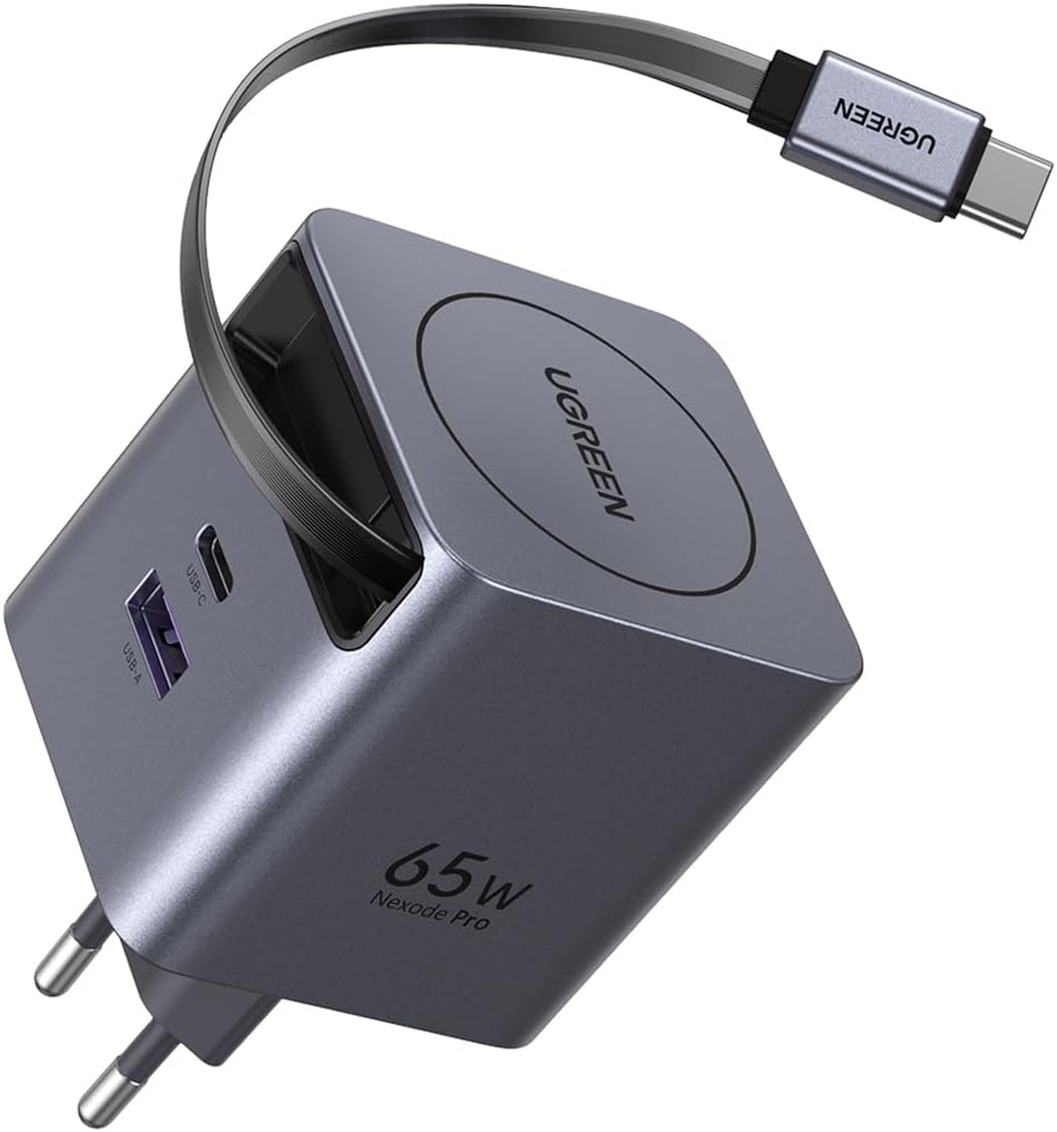 UGREEN 65W GaN Fast Charger with Retractable Cable (2x USB-C, 1x USB-A) - Grey