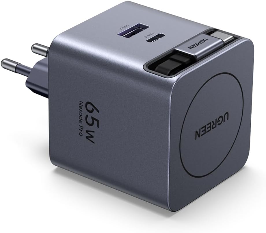 UGREEN 65W GaN Fast Charger with Retractable Cable (2x USB-C, 1x USB-A) - Grey