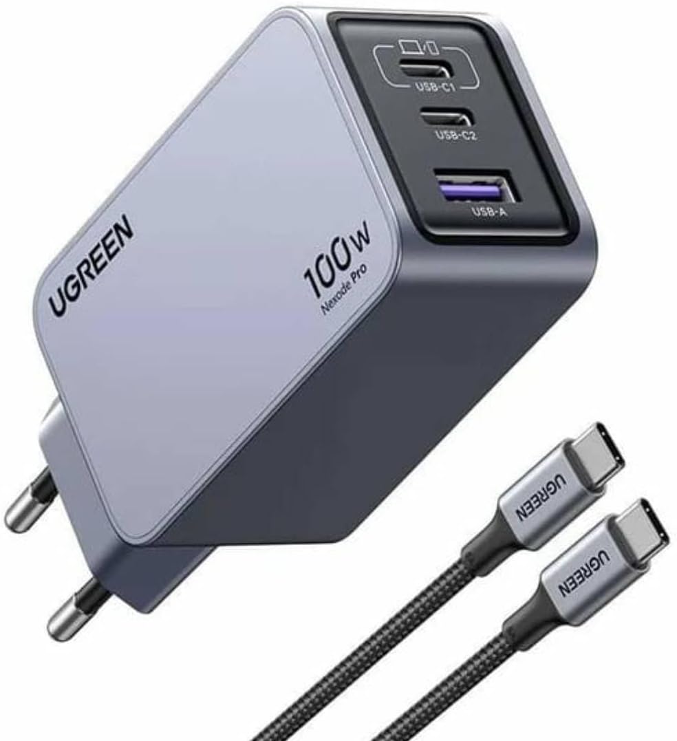 UGREEN Nexode Pro 100W 3-Port GaN Fast Charger with 100W USB-C Cable - Grey