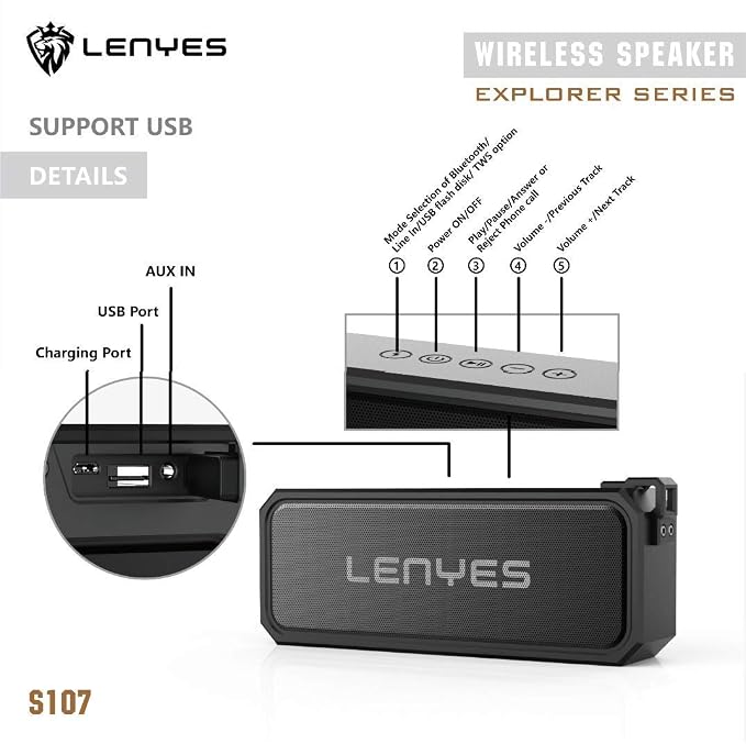 Lenyes Bluetooth 5.3 20W IPX6 Portable Speaker S107