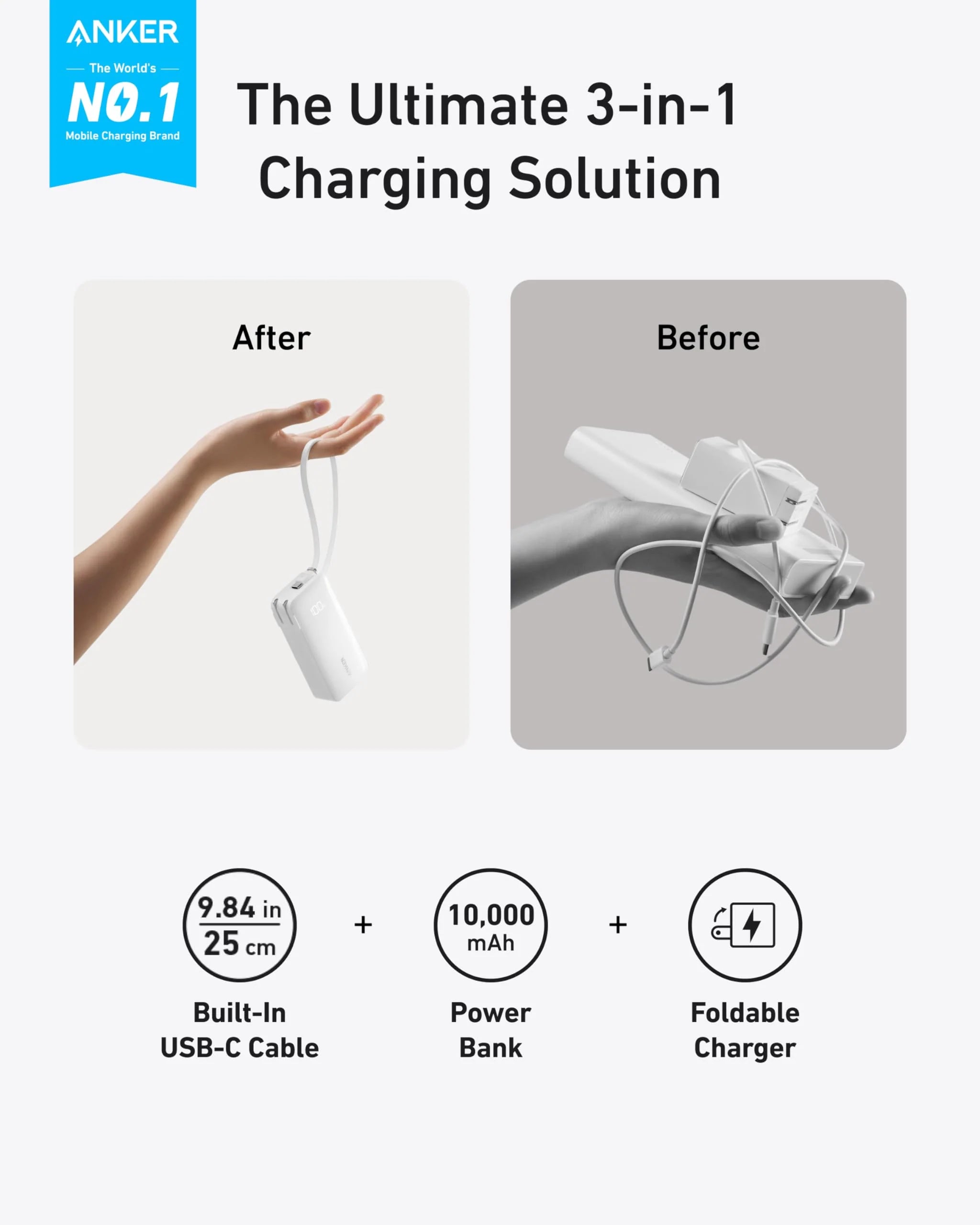 Anker Power Bank Built-In Cable 10000MHA 30W A1637