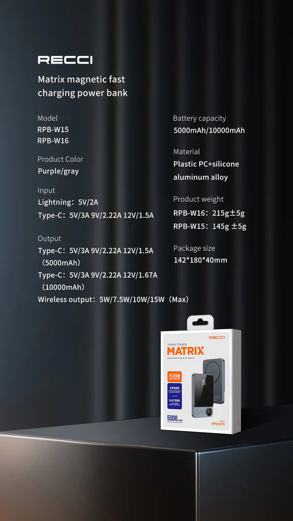 Recci Matrix MagSafe Magnetic Wireless Power Bank RPB-W16