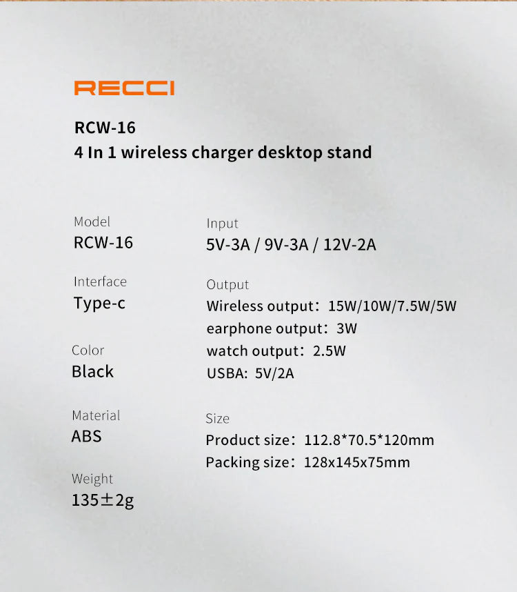 Recci 4 In 1 Desktop Stand Wireless Charger RCW-16