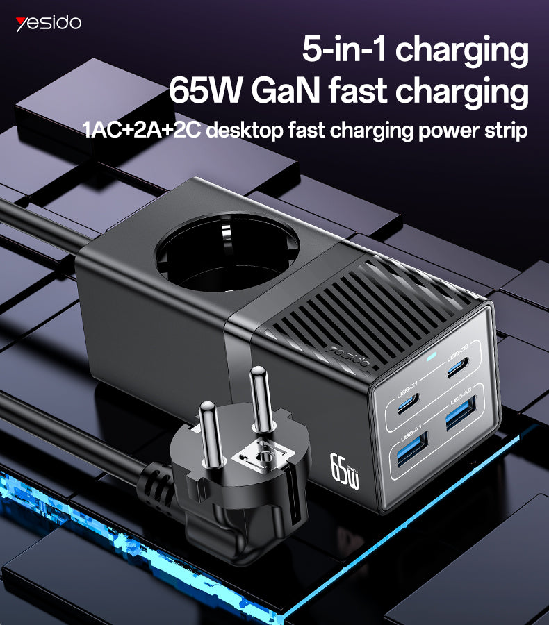 YESIDO 5 in European Fireproof PC 65W+2500W GaN Fast Charging Power Socket MC36