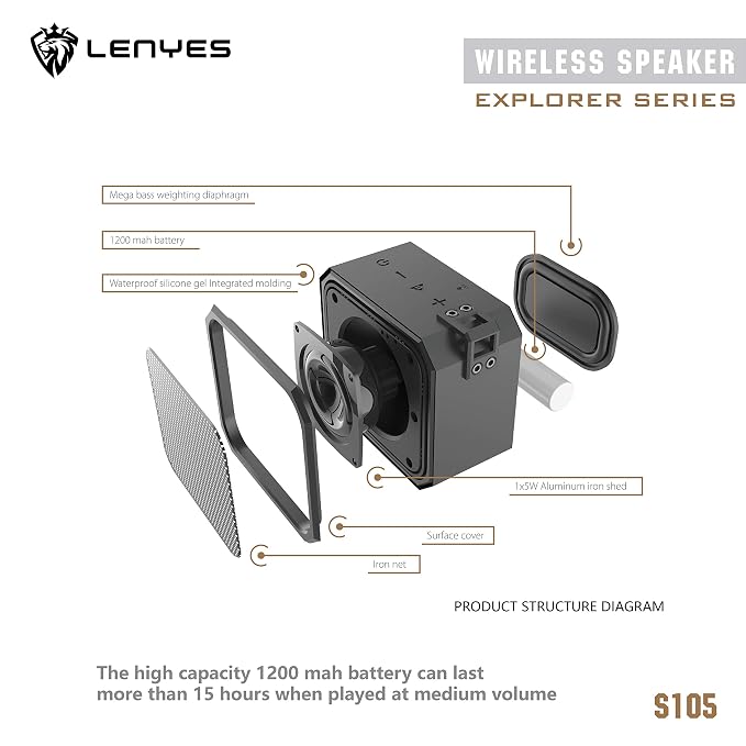 Lenyes Bluetooth 5.3 IPX6 Compact Portable Speaker S105