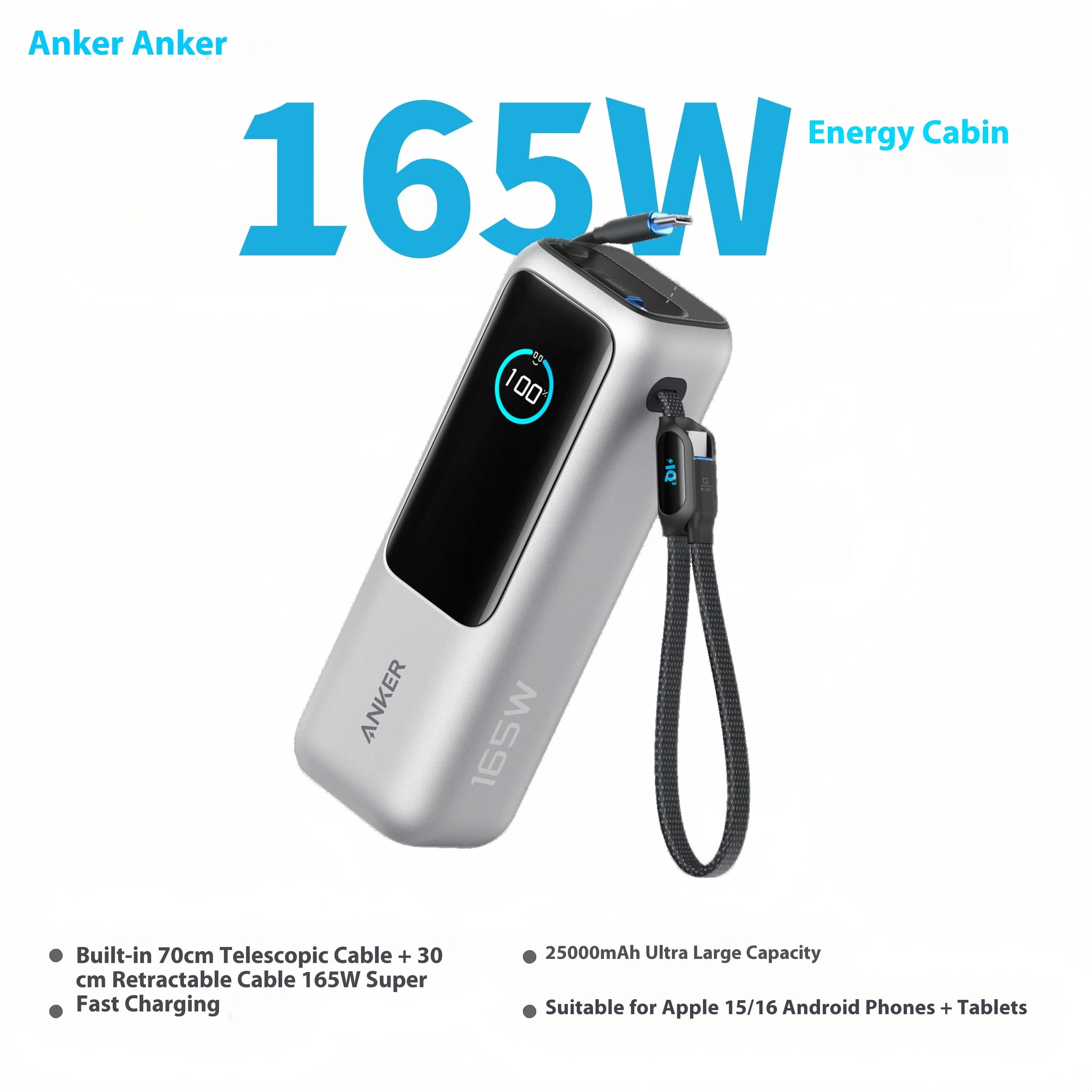 Anker Laptop Power Bank 25K, 165W, Built-In and Retractable Cables