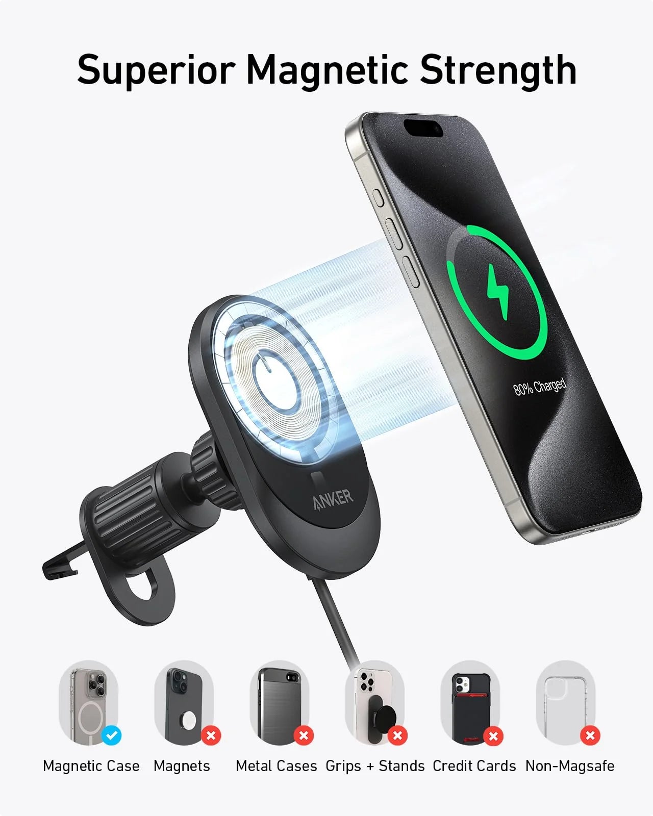 Anker MagGo Wireless Car Charger Pad, Built-In USB-C Cable B2932