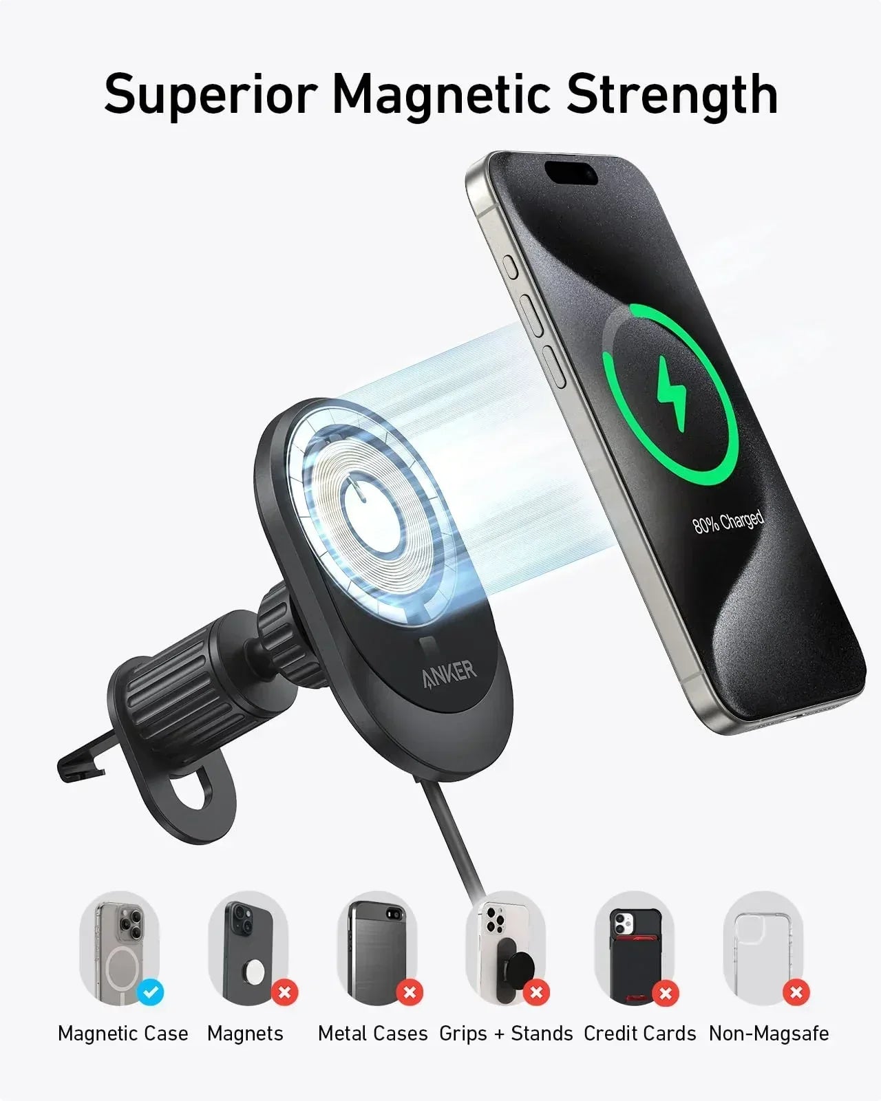 Anker MagGo Wireless Car Charger Pad, Built-In USB-C Cable B2932 - Three