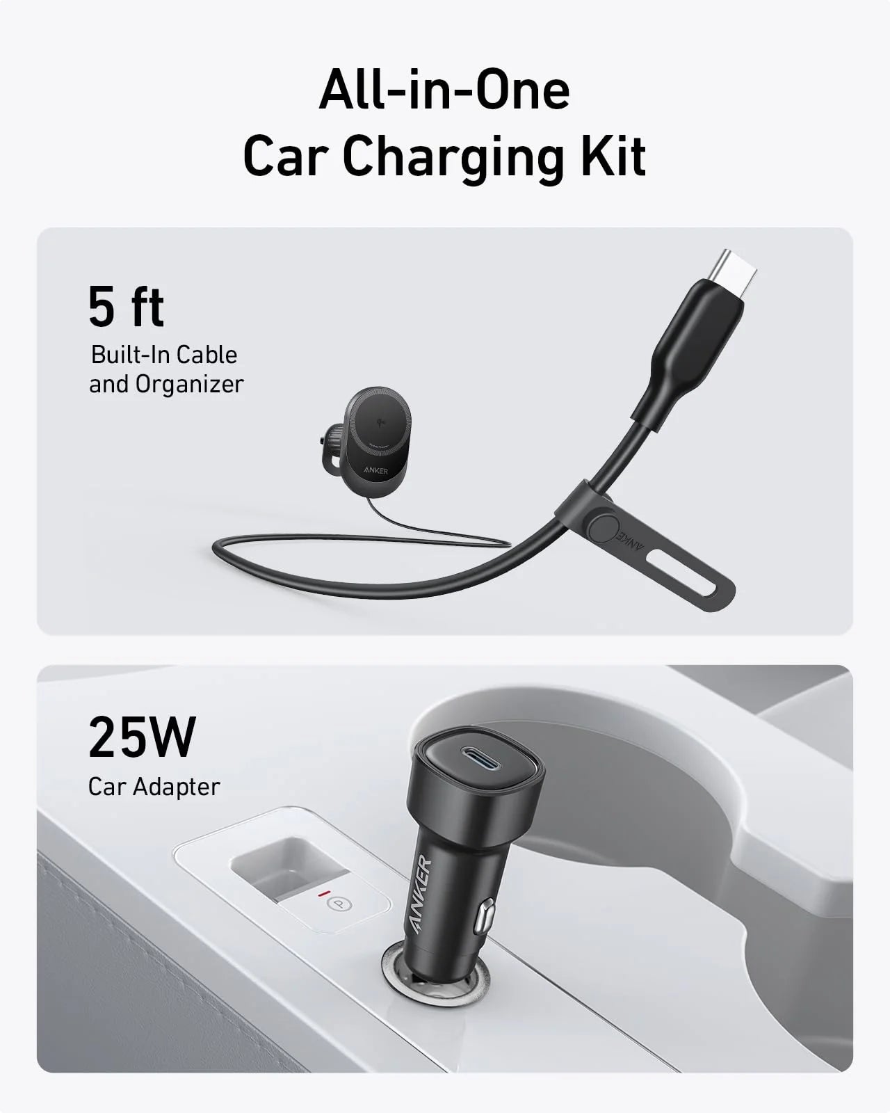 Anker MagGo Wireless Car Charger Pad, Built-In USB-C Cable B2932