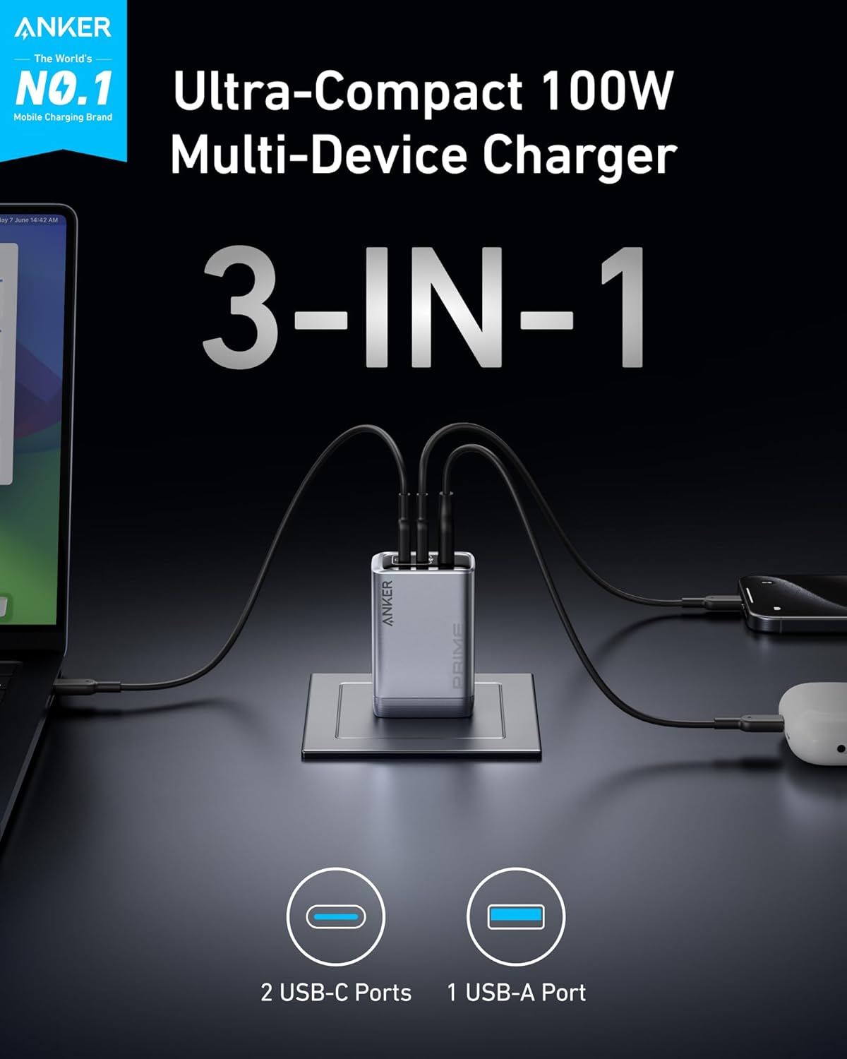 Anker Prime Charger (100W, 3 Ports, GaN) A2688