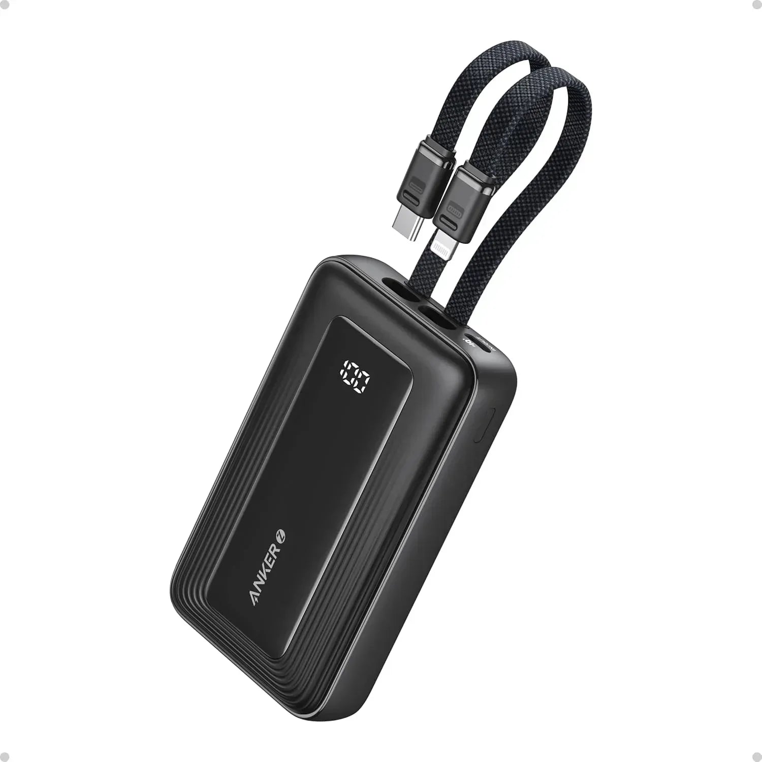 Anker Zolo Power Bank 10,000 mAh 30W Fast Charging with Built-in USB-C and Lightning Cables A1680 - Three