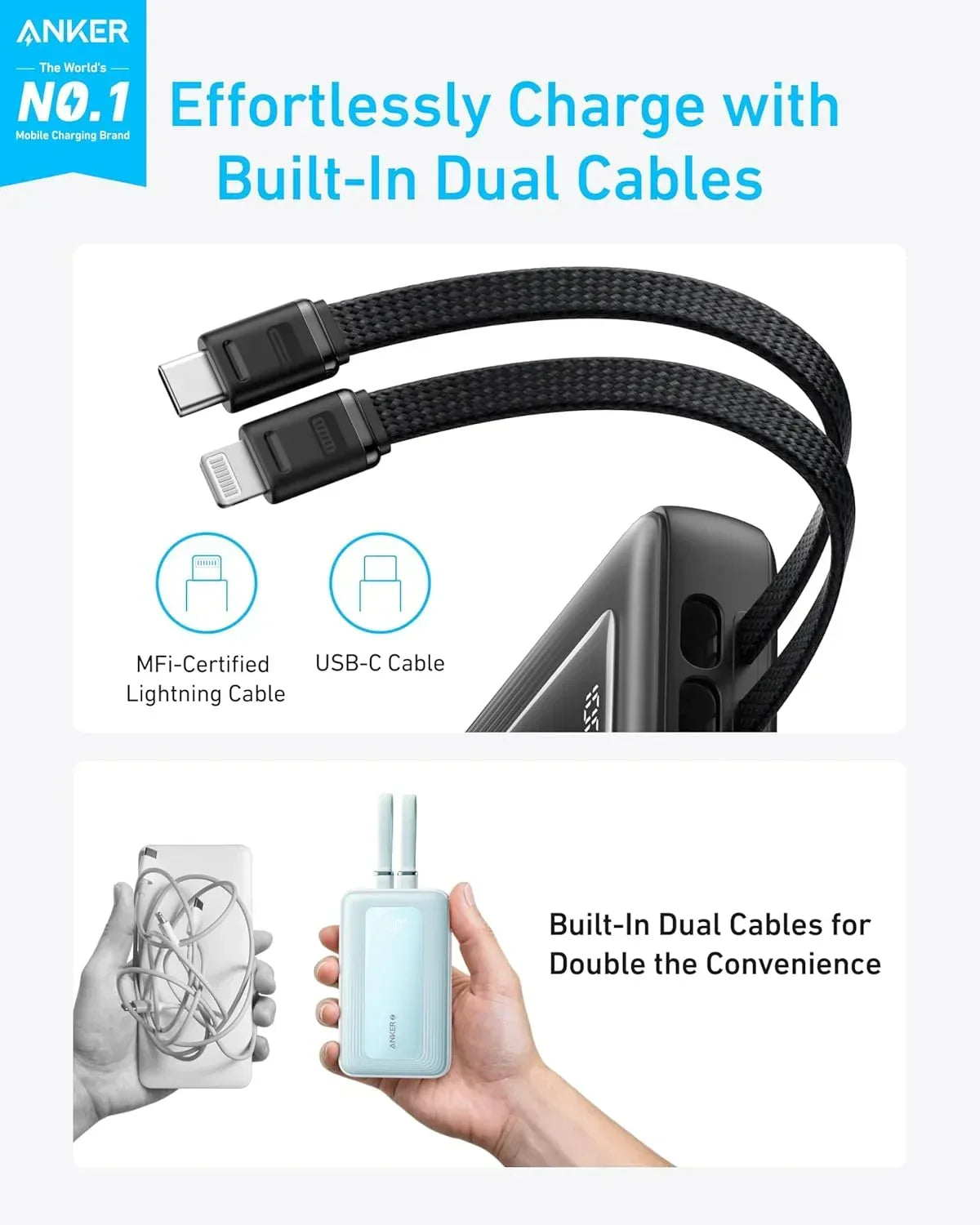 Anker Zolo Power Bank 10,000 mAh 30W Fast Charging with Built-in USB-C and Lightning Cables A1680 - Three