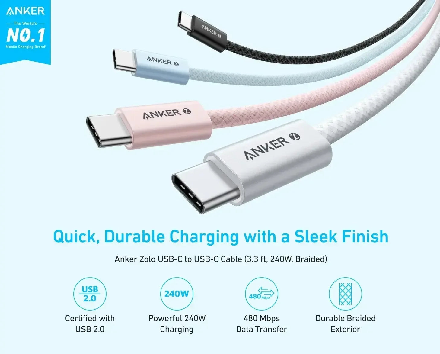 Anker Zolo USB C to USB C Cable 1.5M 240W A8060 - Three