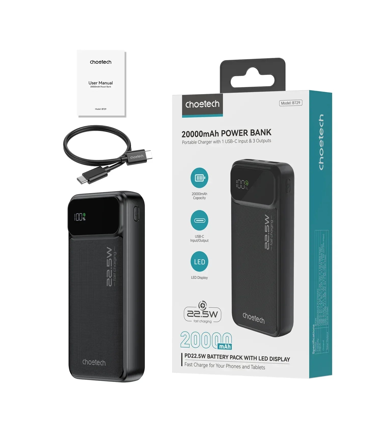 Choetech PD22.5W Dual USB-A + Type-C Power bank 20000mAh B729 - Three