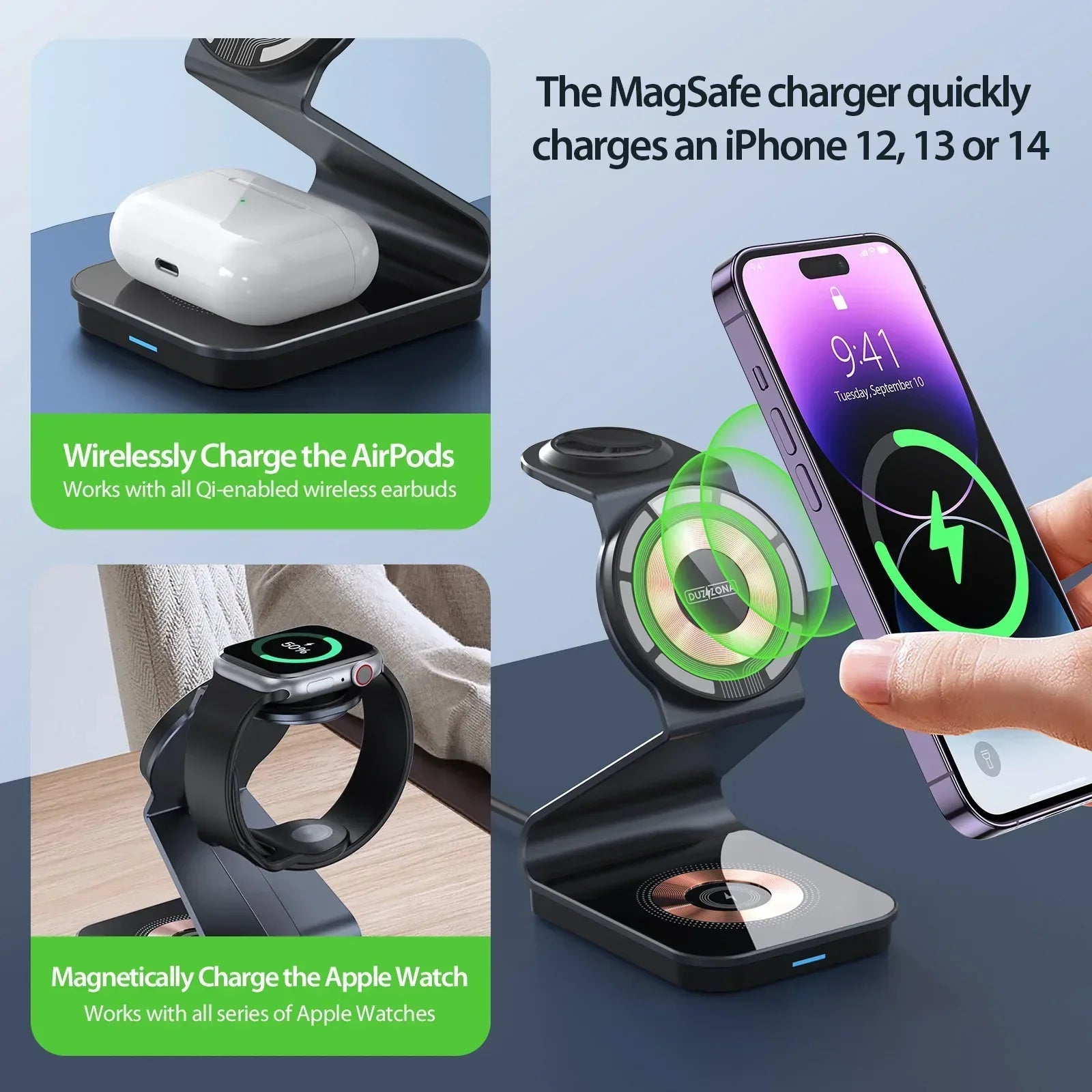 Duzzona 3 in 1 Transparent Wireless Charger Stand W15 - Three