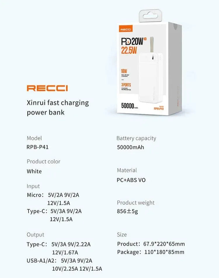 Recci Large Capacity 50000mAh Power Bank RPB-P41 - Three