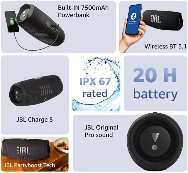 JBL Charge 5 Portable Waterproof Speaker with Powerbank - Three