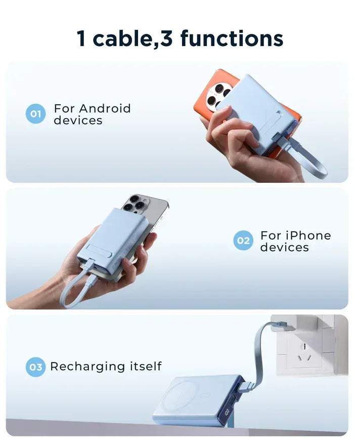 Joyroom 20W Power Bank 10000mAh with Built-in Cable&Kickstand JR-PBM01 - Three