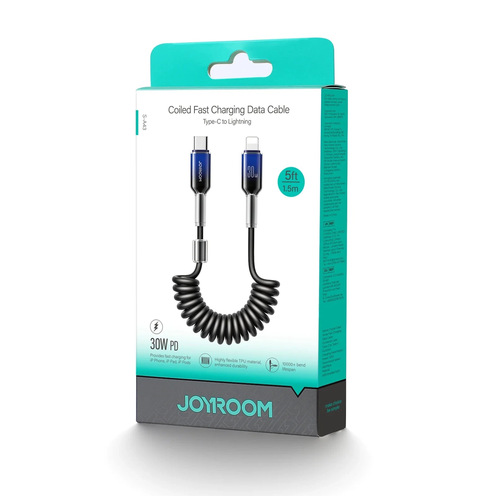 Joyroom Type-C To Lightning 30W Coiled Fast Charging and Data Cable S-A43