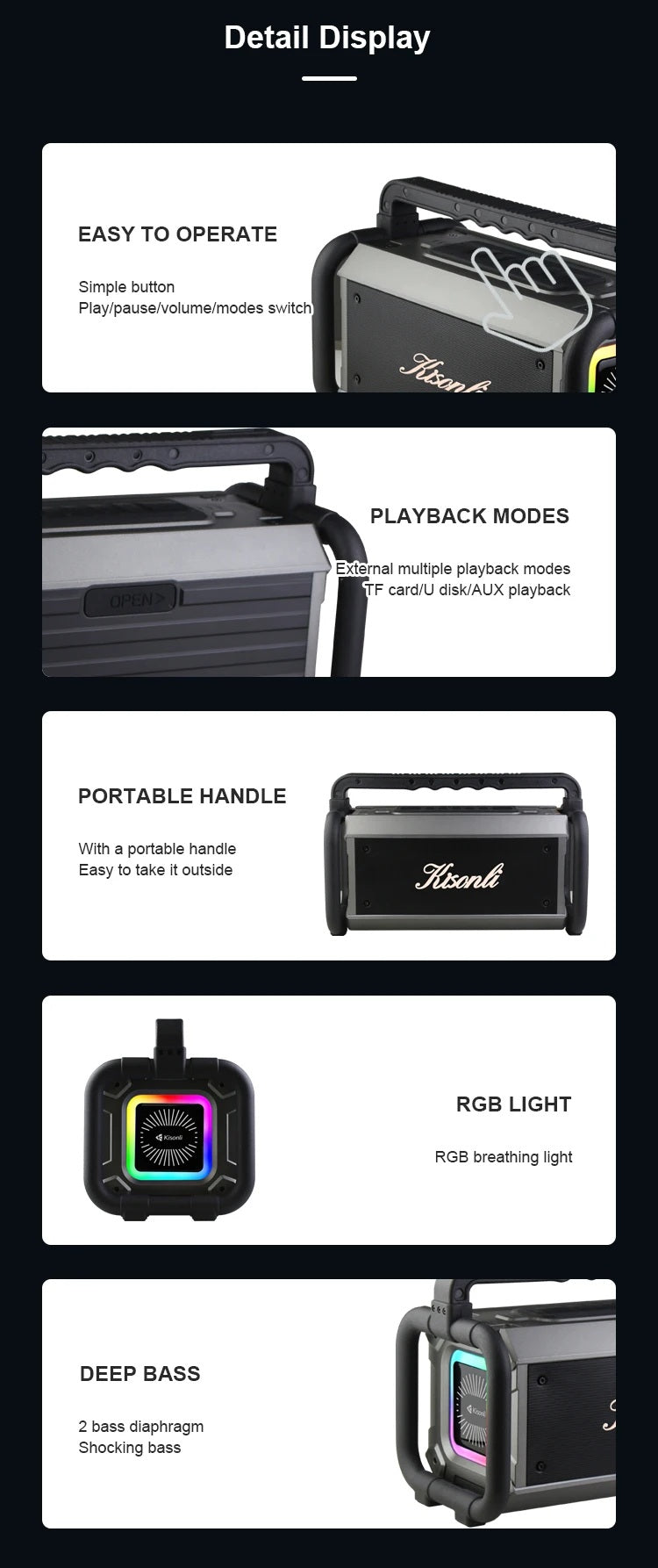 Kisonli Powerful 80W Portable Wireless 8000 mAh Outdoor Party Bass Hi-Fi Speaker with RGB Light K9