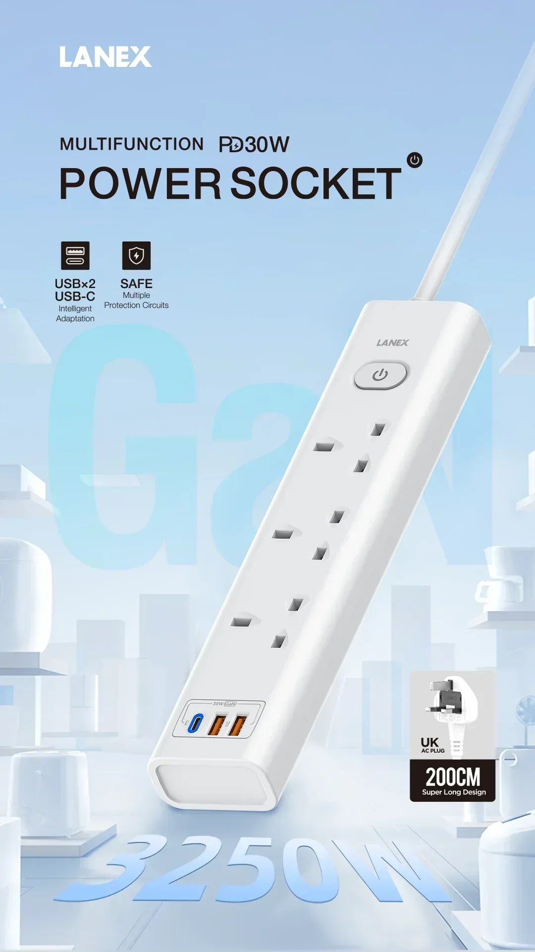 LANEX GAN Multifunction Power Socket LC68U - Three