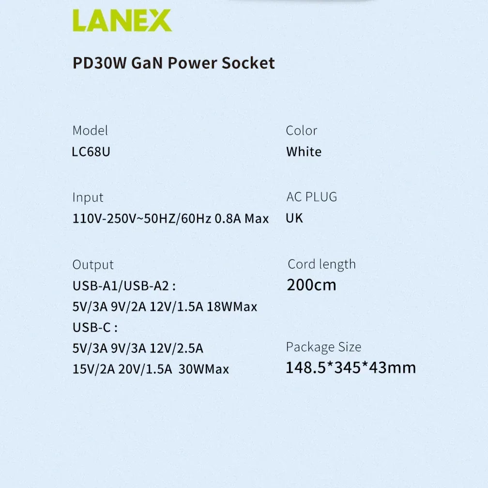 LANEX GAN Multifunction Power Socket LC68U - Three