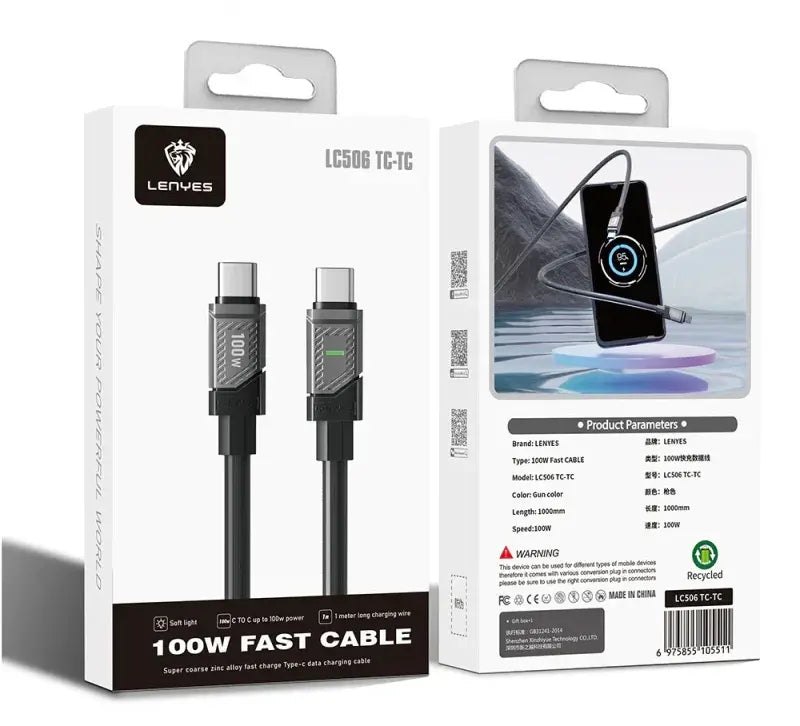 Lenyes Type-C to Type-C 100W Zinc Alloy Fast Charging Data Cable LC506TCTC