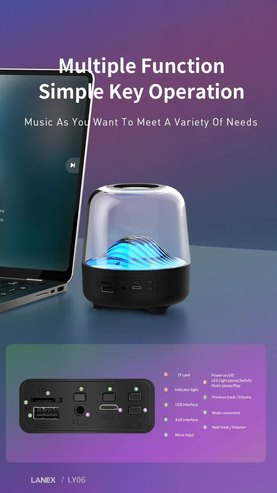 Lanex Aurora BT V5.0 Wireless Speaker With LED LY06 - Three