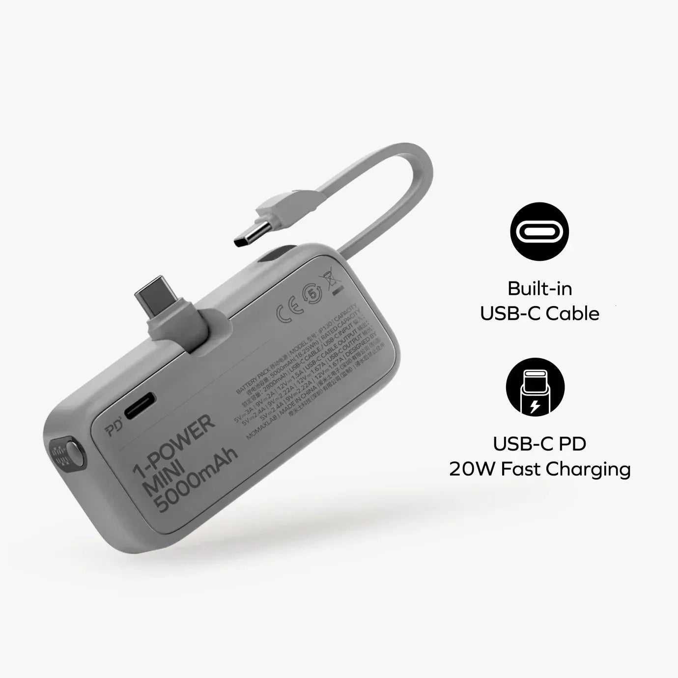 Momax 1-Power Mini 5000mAh built-in Foldable USB-C Power Bank IP130 - Three